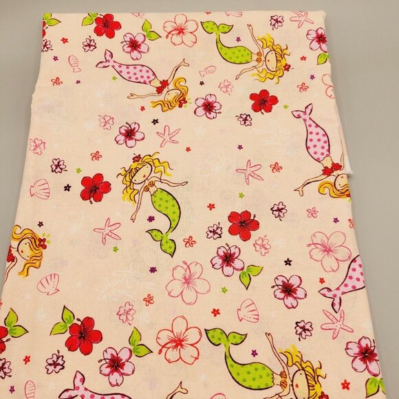 Mermaids Starfish Hibiscus Flowers Cotton Fabric Quilting Sewing 2 1/2 Yards - Picture 2 of 3